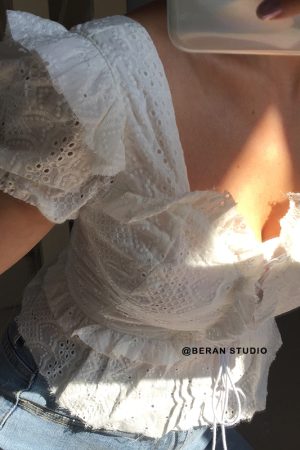 Vintage French Square Neck Water-Soluble Lace Trim Tied High-Waist Short Sleeve Shirt Top - Cute Y2K Style Fashion