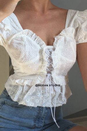 Vintage French Square Neck Water-Soluble Lace Trim Tied High-Waist Short Sleeve Shirt Top - Cute Y2K Style Fashion