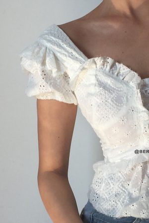 Vintage French Square Neck Water-Soluble Lace Trim Tied High-Waist Short Sleeve Shirt Top - Cute Y2K Style Fashion