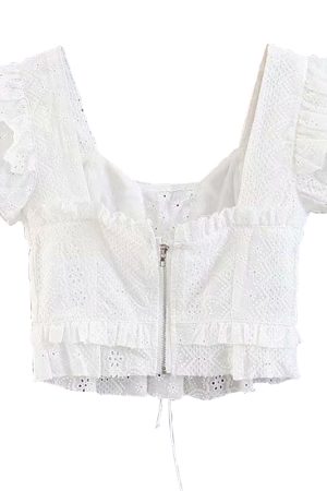 Vintage French Square Neck Water-Soluble Lace Trim Tied High-Waist Short Sleeve Shirt Top - Cute Y2K Style Fashion