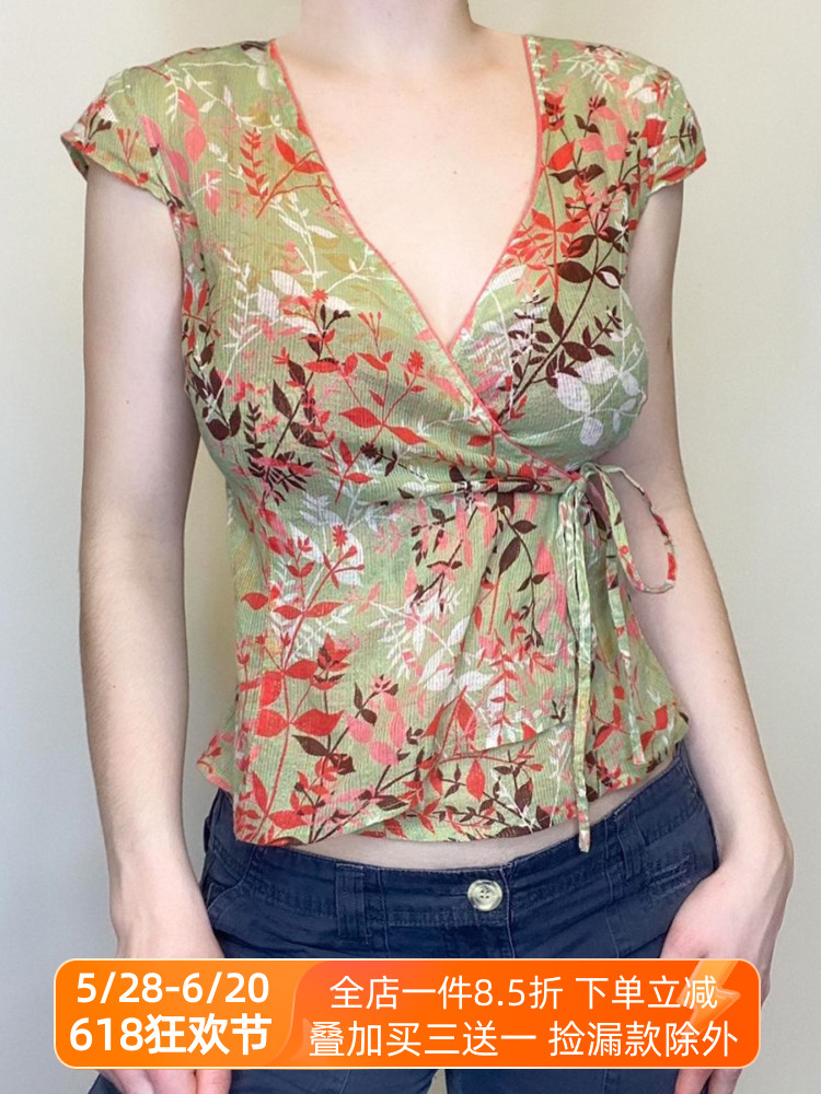 Vintage French Style Lace-Up Short Sleeve T-Shirt for Women, Low V-Neck, Waist-Defined, Summer Fashion Top, Dappled Branch Design Vintage French Style Lace-Up Short Sleeve T-Shirt for Women, Low V-Neck, Waist-Defined, Summer Fashion Top, Dappled Branch Design