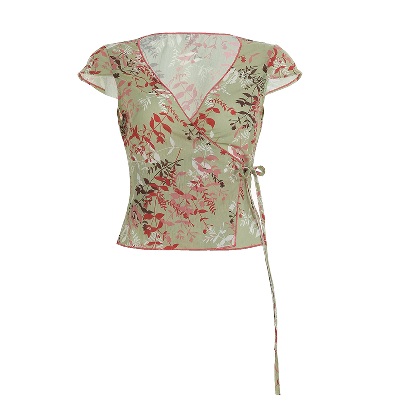 Vintage French Style Lace-Up Short Sleeve T-Shirt for Women, Low V-Neck, Waist-Defined, Summer Fashion Top, Dappled Branch Design Vintage French Style Lace-Up Short Sleeve T-Shirt for Women, Low V-Neck, Waist-Defined, Summer Fashion Top, Dappled Branch Design