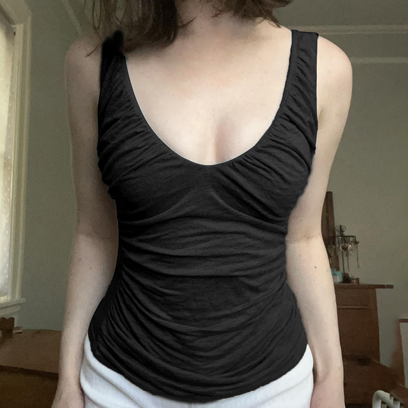 Vintage Gray Pleated Sleeveless Vest Top - Simple Basic V-Neck Slim Fit for Effortless 90s-Inspired Style Vintage Gray Pleated Sleeveless Vest Top - Simple Basic V-Neck Slim Fit for Effortless 90s-Inspired Style