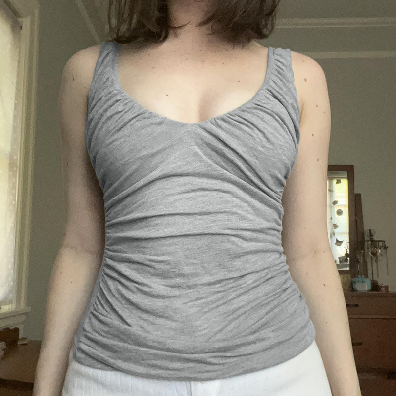 Vintage Gray Pleated Sleeveless Vest Top - Simple Basic V-Neck Slim Fit for Effortless 90s-Inspired Style Vintage Gray Pleated Sleeveless Vest Top - Simple Basic V-Neck Slim Fit for Effortless 90s-Inspired Style