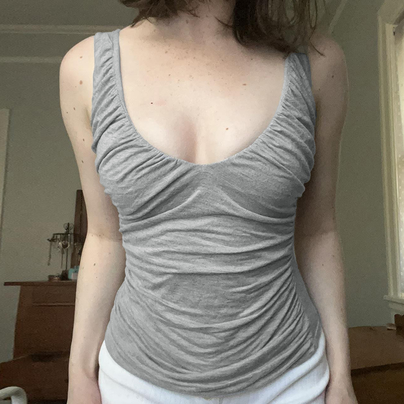 Vintage Gray Pleated Sleeveless Vest Top - Simple Basic V-Neck Slim Fit for Effortless 90s-Inspired Style Vintage Gray Pleated Sleeveless Vest Top - Simple Basic V-Neck Slim Fit for Effortless 90s-Inspired Style
