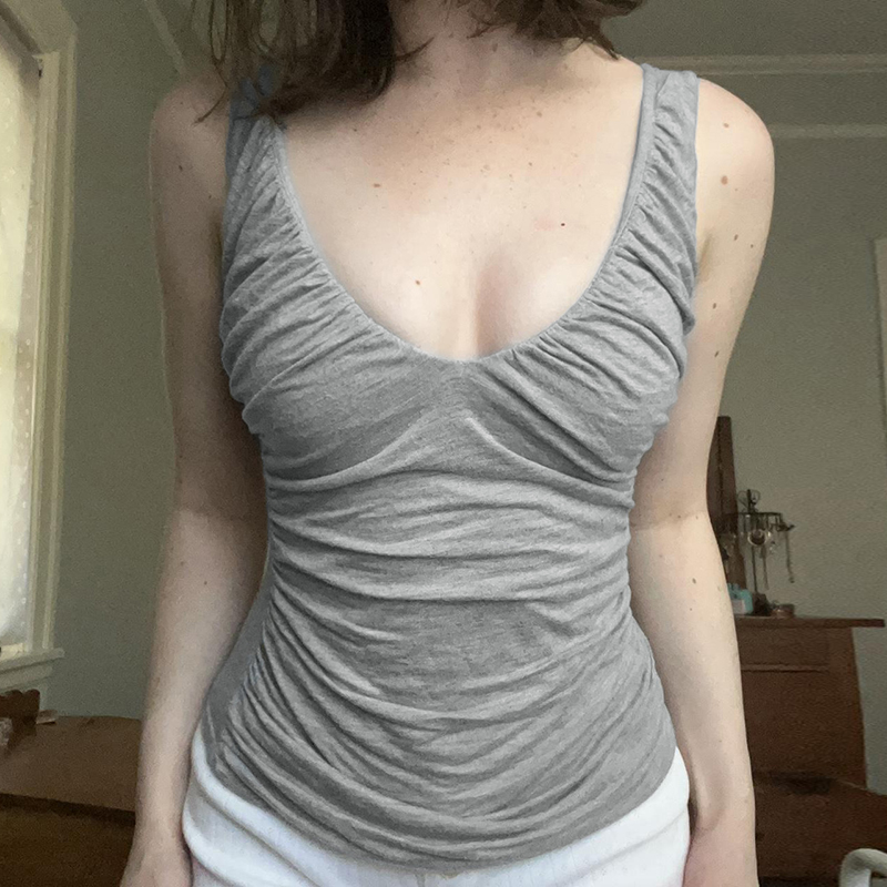 Vintage Gray Pleated Sleeveless Vest Top - Simple Basic V-Neck Slim Fit for Effortless 90s-Inspired Style Vintage Gray Pleated Sleeveless Vest Top - Simple Basic V-Neck Slim Fit for Effortless 90s-Inspired Style