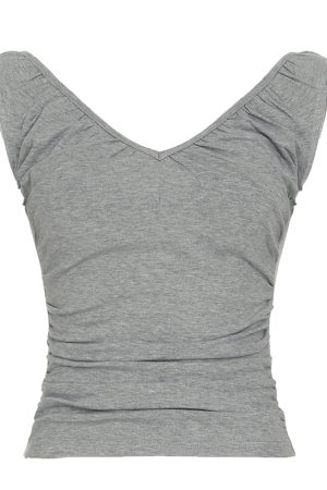 Vintage Gray Pleated Sleeveless Vest Top - Simple Basic V-Neck Slim Fit for Effortless 90s-Inspired Style