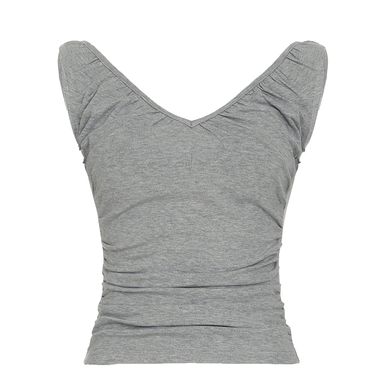 Vintage Gray Pleated Sleeveless Vest Top - Simple Basic V-Neck Slim Fit for Effortless 90s-Inspired Style Vintage Gray Pleated Sleeveless Vest Top - Simple Basic V-Neck Slim Fit for Effortless 90s-Inspired Style