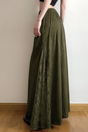 Vintage Green Field Redemption Long Skirt for Women - Zipper Lace Splicing Straight Tube Design - Chic Half Skirt Fashion