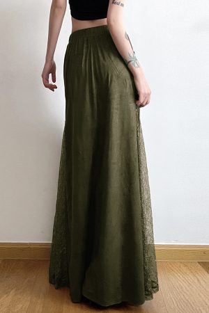 Vintage Green Field Redemption Long Skirt for Women - Zipper Lace Splicing Straight Tube Design - Chic Half Skirt Fashion