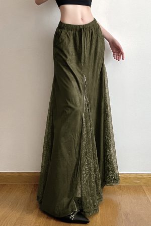Vintage Green Field Redemption Long Skirt for Women - Zipper Lace Splicing Straight Tube Design - Chic Half Skirt Fashion