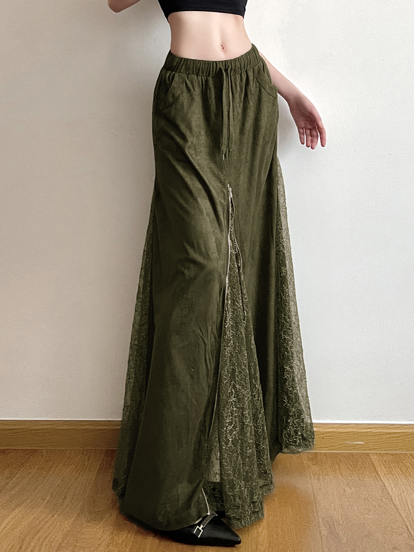 Vintage Green Field Redemption Long Skirt for Women - Zipper Lace Splicing Straight Tube Design - Chic Half Skirt Fashion Vintage Green Field Redemption Long Skirt for Women - Zipper Lace Splicing Straight Tube Design - Chic Half Skirt Fashion