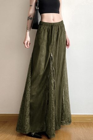 Vintage Green Field Redemption Long Skirt for Women - Zipper Lace Splicing Straight Tube Design - Chic Half Skirt Fashion
