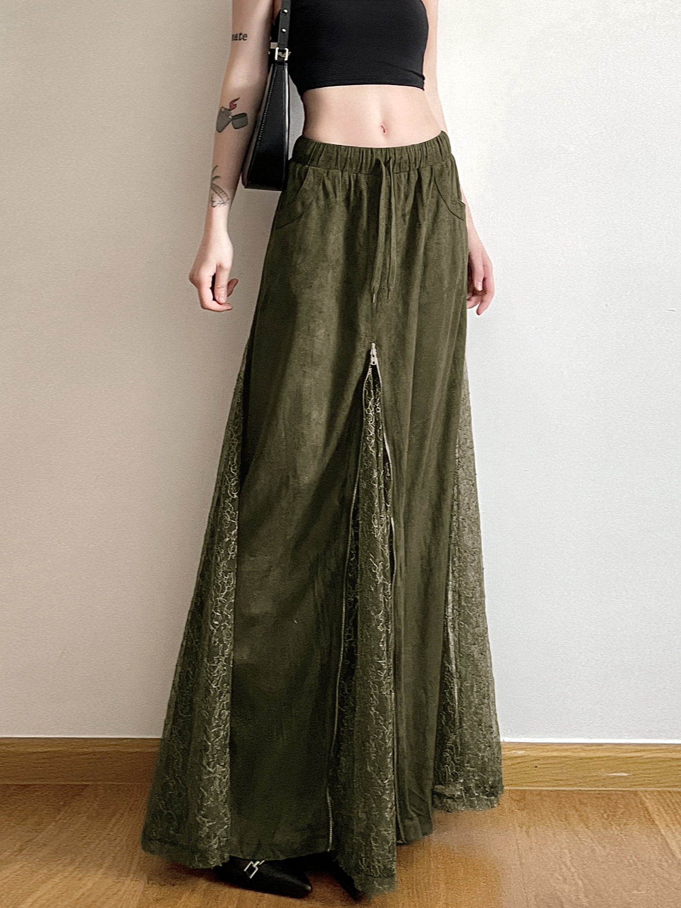 Vintage Green Field Redemption Long Skirt for Women - Zipper Lace Splicing Straight Tube Design - Chic Half Skirt Fashion Vintage Green Field Redemption Long Skirt for Women - Zipper Lace Splicing Straight Tube Design - Chic Half Skirt Fashion