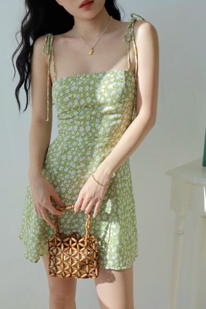 Vintage Green Floral Slip Dress for Women - Waist-Cinching A-Line Skirt, Country Style, Slimming Fit, Perfect for 90s and Y2K Fashion