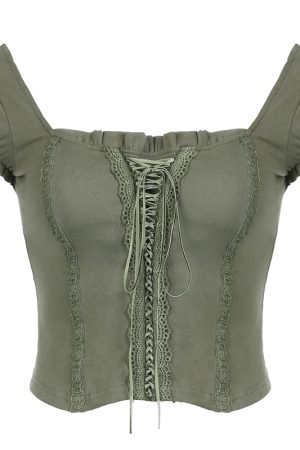 Vintage Green Lace Trimmed Tie T-shirt - Retro Square Neck Slim Fit Short Top in Forest Style, Perfect for Y2K and 90s Fashion