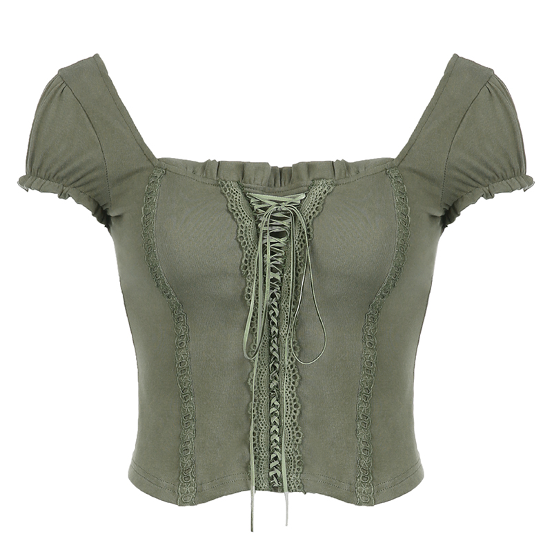 Vintage Green Lace Trimmed Tie T-shirt - Retro Square Neck Slim Fit Short Top in Forest Style, Perfect for Y2K and 90s Fashion Vintage Green Lace Trimmed Tie T-shirt - Retro Square Neck Slim Fit Short Top in Forest Style, Perfect for Y2K and 90s Fashion