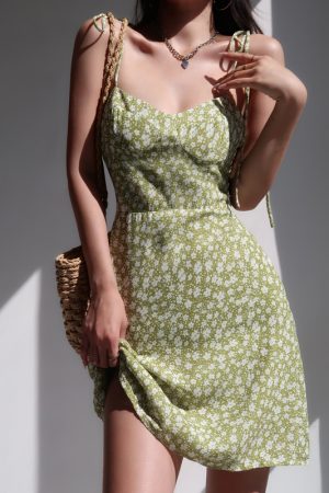 Vintage Green Lace-Up Floral Spaghetti Strap Dress - Feminine Waist-Cinching A-Line Mini for Vacation Style