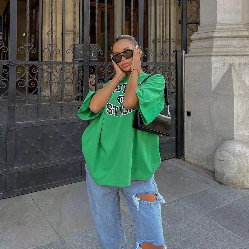 Vintage Green Letter Oversized Short-Sleeve T-Shirt for Women - Retro High Street Style Hot Girl Top, Y2K Fashion Vintage Green Letter Oversized Short-Sleeve T-Shirt for Women - Retro High Street Style Hot Girl Top, Y2K Fashion