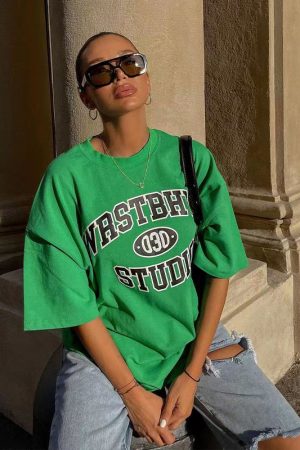 Vintage Green Letter Oversized Short-Sleeve T-Shirt for Women - Retro High Street Style Hot Girl Top, Y2K Fashion