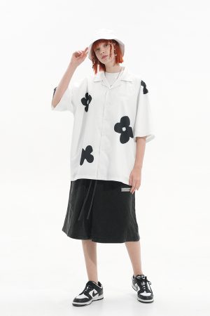 Vintage Hand-Drawn Floral Cuban Collar Short Sleeve Shirt - Harsh and Cruel Inspired Silhouette, Y2K Aesthetic