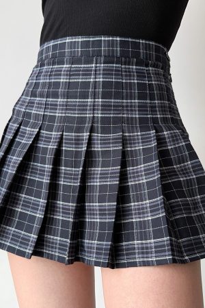 Vintage High Waist Side Tie Plaid Pleated Skirt for Women - Short 90s Inspired Skirt with Built-in Safety Pants