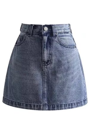 Vintage High-Waisted Distressed Denim Skirt with Cat Paw Print, A-Line Design, Versatile Style for 90s and Y2K Fashion Lovers