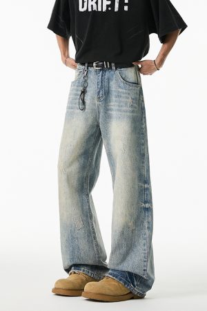 Vintage High-Waisted Wide-Leg Straight-Leg Casual Draped Long Pants - Retro 90s Style, Washed Denim, Trendy 2025 Fashion