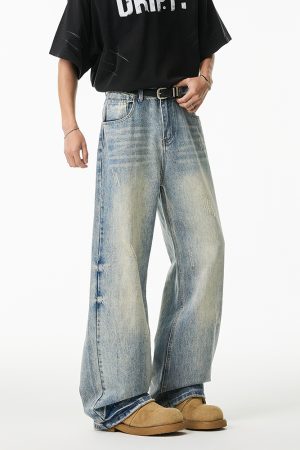 Vintage High-Waisted Wide-Leg Straight-Leg Casual Draped Long Pants - Retro 90s Style, Washed Denim, Trendy 2025 Fashion
