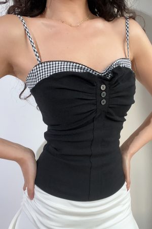 Vintage-Inspired Cute Girl Plaid Splicing Ruffled Button Elastic Slim Waist Camisole for Y2K Fashion