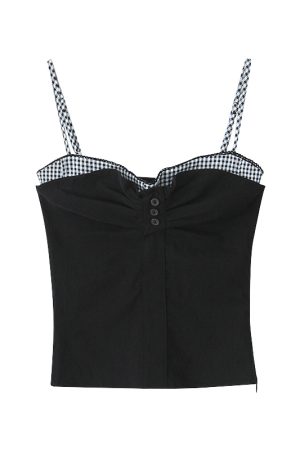 Vintage-Inspired Cute Girl Plaid Splicing Ruffled Button Elastic Slim Waist Camisole for Y2K Fashion