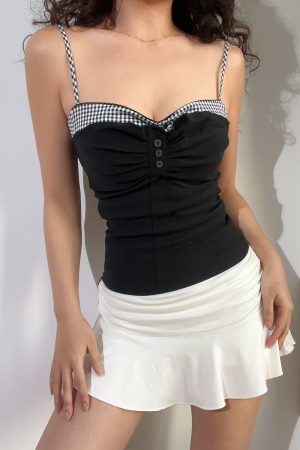 Vintage-Inspired Cute Girl Plaid Splicing Ruffled Button Elastic Slim Waist Camisole for Y2K Fashion