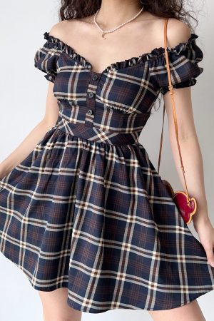 Vintage-Inspired Handmade Plaid V-Neck Puff Sleeve Dress for Women | A-Line Flare Skirt | Chic 90s French Style