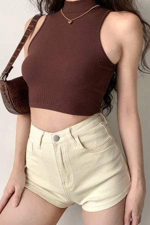 Vintage-Inspired High Neck Sleeveless Ribbed Tank Top for Women - Slim Fit Cropped Summer Belly Top