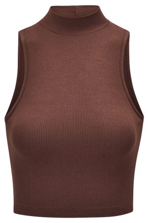 Vintage-Inspired High Neck Sleeveless Ribbed Tank Top for Women - Slim Fit Cropped Summer Belly Top