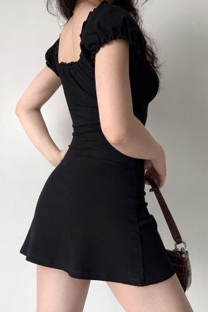 Vintage-Inspired Hollow Lace-Up Puff Sleeve Black A-Line Dress for Women - Short Skirt, Perfect for Y2K and 90s Styles