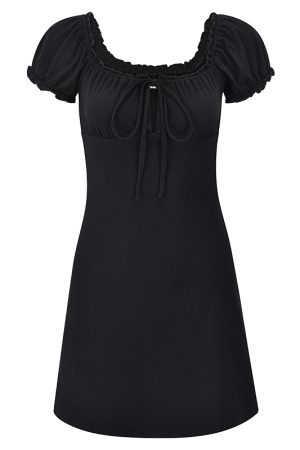 Vintage-Inspired Hollow Lace-Up Puff Sleeve Black A-Line Dress for Women - Short Skirt, Perfect for Y2K and 90s Styles