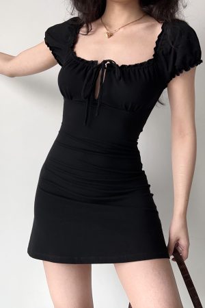 Vintage-Inspired Hollow Lace-Up Puff Sleeve Black A-Line Dress for Women - Short Skirt, Perfect for Y2K and 90s Styles