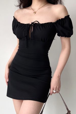 Vintage-Inspired Hollow Lace-Up Puff Sleeve Black A-Line Dress for Women - Short Skirt, Perfect for Y2K and 90s Styles