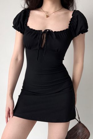 Vintage-Inspired Hollow Lace-Up Puff Sleeve Black A-Line Dress for Women - Short Skirt, Perfect for Y2K and 90s Styles