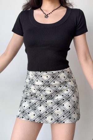 Vintage-Inspired Plaid Polka Dot A-Line Skirt for Women - High Waist Bodycon Mini/Midi Skirt in American Style