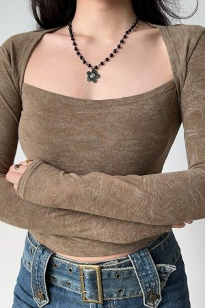 Vintage-Inspired Square Neck Long Sleeve T-Shirt for Women - Slim Fit American Style Base Layer Top