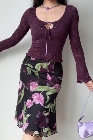 Vintage Jacquard Lace-Up Long Sleeve U-Neck Top for Women - Slim Fit American Style T-Shirt, Perfect for 90s and Y2K Fashion Lovers