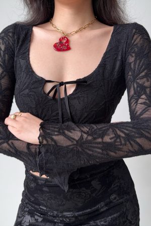 Vintage Jacquard Lace-Up Long Sleeve U-Neck Top for Women - Slim Fit American Style T-Shirt, Perfect for 90s and Y2K Fashion Lovers