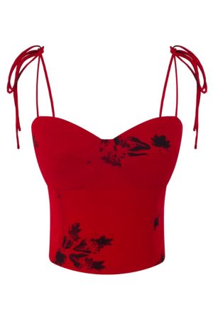 Vintage Lace-Up Bow Red Camisole Top for Women - Handmade French Style, 2025 Spring/Summer Vacation Essential