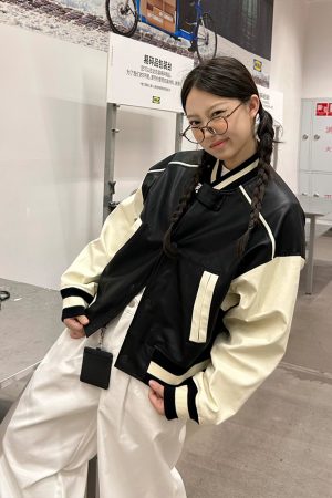 Vintage Leather Letter Logo Slim Fit Baseball Jacket - Autumn Winter American Trend, 90s Style