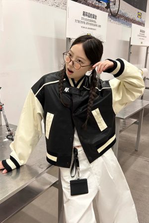 Vintage Leather Letter Logo Slim Fit Baseball Jacket - Autumn Winter American Trend, 90s Style