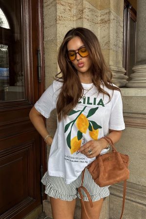 Vintage Lemon Print Oversized Short Sleeve T-Shirt for Women - Retro Summer 90s Style Hot Girl Top