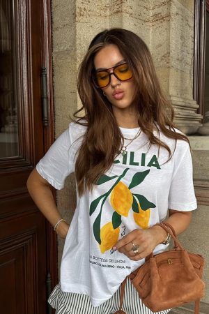 Vintage Lemon Print Oversized Short Sleeve T-Shirt for Women - Retro Summer 90s Style Hot Girl Top