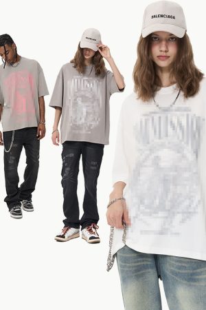 Vintage Letter Print Loose Fit Pure Cotton Couple T-Shirt in 90s Style
